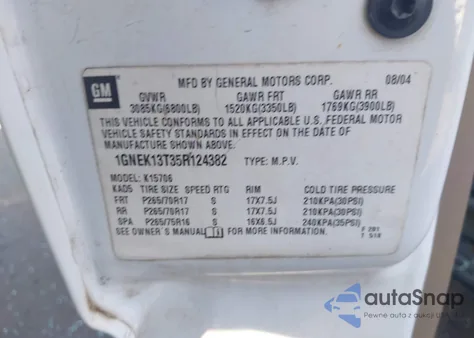 2005 Chevrolet Tahoe Z71 z USA, uszkodzony, nr VIN 1GNEK13T35R124382